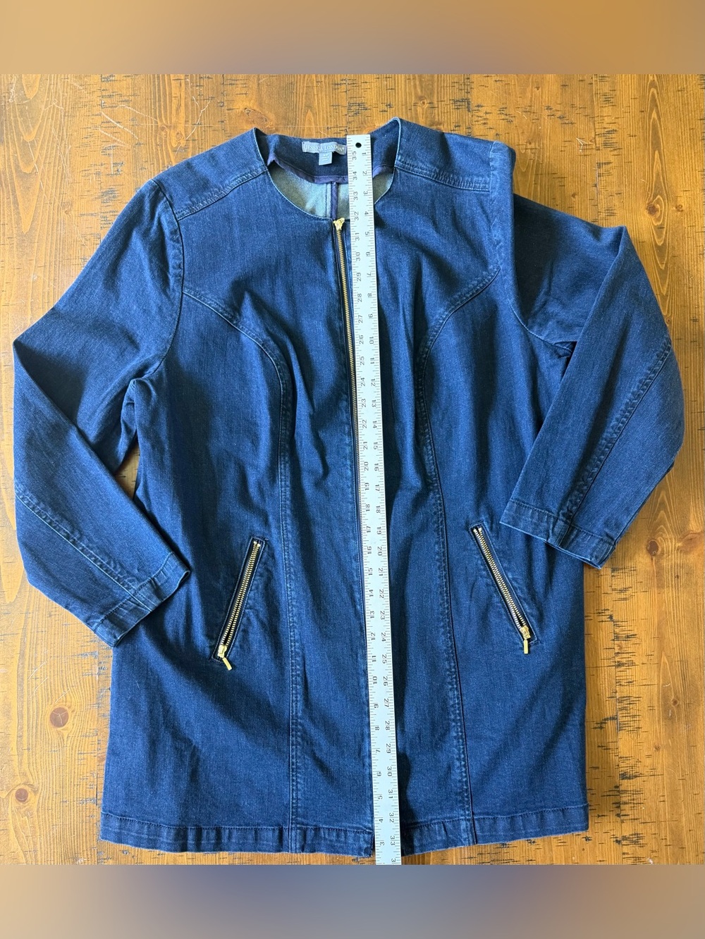 Jessica London. Denim Zip-Front Long Jacket in Dark Blue with gold detail. 18W - Picture 3 of 5